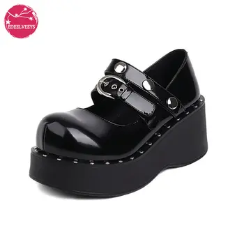 Женские туфли-лодочки в стиле панк-готик на платформе, туфли-лодочки на толстом высоком каблуке, женская модная уличная обувь Для студенток, униформа JK, Черный Loli