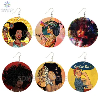 SOMESOOR Afro Boom Для Девочек с натуральными волосами, Деревянные серьги с принтом Сильной Черной Женщины, Позитивные Высказывания, Африканские украшения из дерева, Подарки