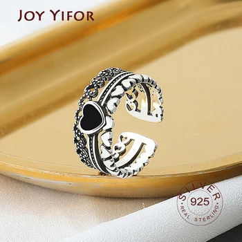 Кольца из стерлингового серебра S925 для женщин, сердце, черный циркон, корона, открытое регулируемое кольцо на палец, модное винтажное ювелирное изделие