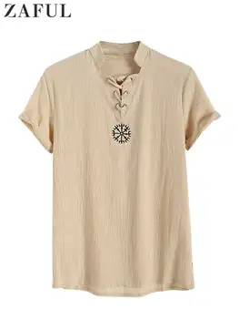 Мужские рубашки ZAFUL на шнуровке, Вышитая рубашка с коротким рукавом, V-образный вырез, Геометрический Уличный Пуловер, незаменимые топы Z4996964