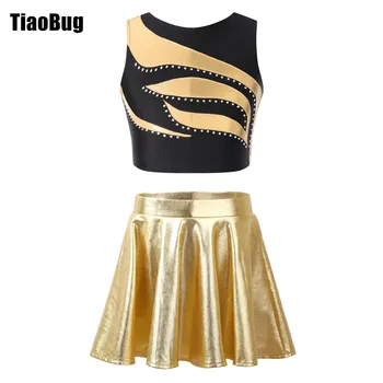 Комплект одежды для танцев с металлическим блеском для девочек, круглый вырез, укороченный топ в стиле пэчворк с юбкой-трапецией, детская одежда