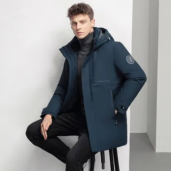 Зимняя мужская куртка на гусином пуху, Съемная шапка средней длины, Утолщенная теплая уличная пуховая куртка, мужское черное пуховое пальто
