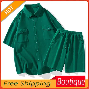 Летний зеленый костюм-рубашка с короткими рукавами, мужская трендовая повседневная рубашка 2023, новый бренд Tide, мужской комплект из двух предметов plankton