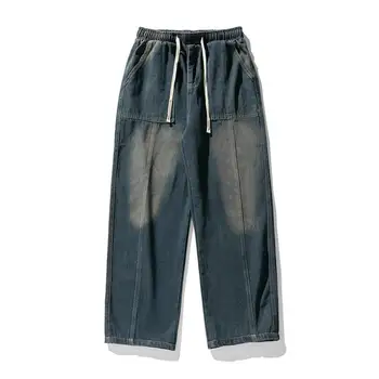 Мужские винтажные джинсы 2023, Осень/Зима, Новый мужской комбинированный дизайн, Модные брюки, Повседневные Свободные брюки с завязками
