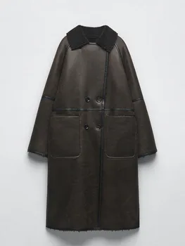 Винтажное женское пальто с лацканами и двубортным карманом, Двустороннее пальто с длинным рукавом, Женская одежда Высокого качества, Длинная ветровка