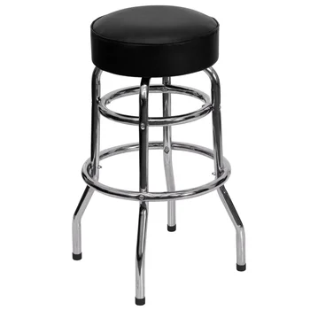 Флэш-мебель Bruno с двойным кольцом, хромированный барный стул с черным сиденьем, акцентная мебель для стула