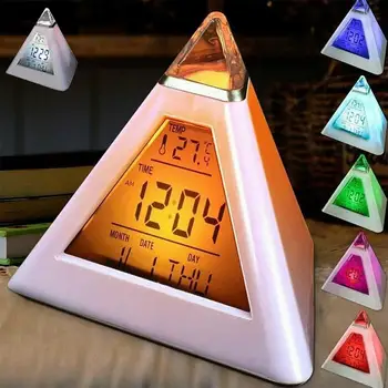 7 Цветов, Пирамидальная форма, Цифровой светодиодный будильник, Отображение времени, даты, температуры, Настольные часы, Спальня Рядом с декоративной лампой