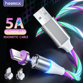 Светящийся сверхбыстрый зарядный кабель с магнитным потоком 5A для Samsung, Магнитный кабель для iPhone, провод Micro USB Type C для Xiaomi Huawei