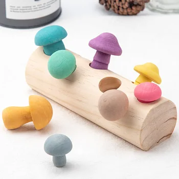 Детские деревянные радужные кубики, игра по сбору грибов, Развивающие детские игрушки Монтессори, сборка по форме