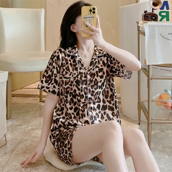 Летние Пижамы из искусственного Шелка для Женщин, Модные, Сексуальные Леопардовые Короткие Комплекты Пижам