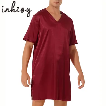 Мужская Шелковая атласная пижама с разрезом сбоку, короткими рукавами и V-образным вырезом, повседневная домашняя одежда для отдыха