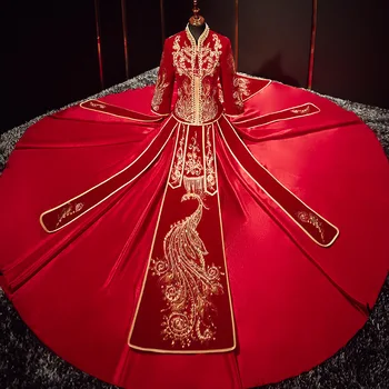 Роскошное Изысканное Велюровое свадебное платье с вышивкой бисером и пайетками, Элегантная одежда для брачных тостов, вечернее платье Cheongsam