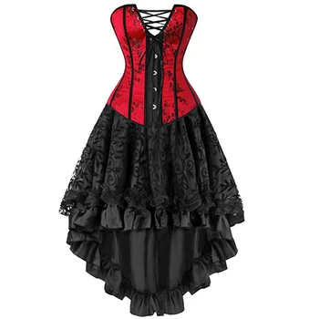 сексуальные корсетные платья, костюм большого размера, бурлескный корсет и юбка, комплект нижнего белья, корсетная пачка, викторианская мода, красный