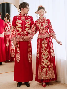 Изысканное китайское официальное свадебное платье с вышивкой Дракона и Феникса, Свадебный костюм Восточной невесты, Одежда для жениха