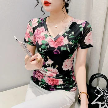Лето 2023, Новая модная женская футболка с сетчатым принтом, короткий рукав, Топ с V-образным вырезом, тонкая винтажная корейская футболка
