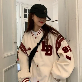 Deeptown Harajuku Модная Бейсбольная куртка Женская Американская Винтажная Y2k Оверсайз Университетские Куртки Колледжа Женская Корейская Уличная Одежда