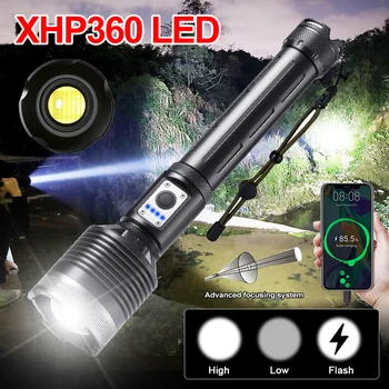 XHP360 Светодиодный фонарик 18650 Перезаряжаемый фонарик USB Мощная тактическая вспышка, Масштабируемый охотничий фонарь, водонепроницаемый ручной фонарь
