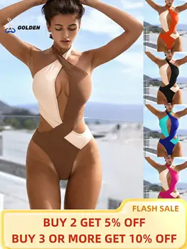 2023 Новый женский купальник-кроссовер с цветными блоками, цельные комплекты бикини, купальники, горячие купальники, летний костюм для пляжной прогулки