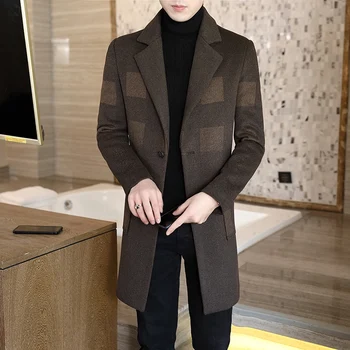 2021 новая мужская высококачественная брендовая деловая повседневная шерстяная ветровка, мужской тонкий клетчатый костюм средней длины, шерстяное пальто с воротником, мужская куртка
