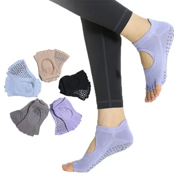 Носки для йоги с открытым носком, Женские Хлопчатобумажные Силиконовые нескользящие носки в горошек для пилатеса с захватом в пол-носка