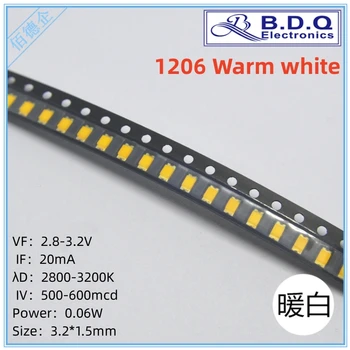 1206 Теплых белых светодиодных шариков SMD LED Размер 3215 светодиодов Высокое яркое качество 100 шт.
