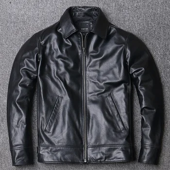 Бесплатная доставка, 2020 новая дешевая кожаная куртка.мужское повседневное пальто из 100% натуральной кожи. черная тонкая верхняя одежда из воловьей кожи.Качество
