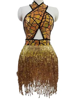 Блестящие блестки золотого и черного цветов, сексуальное женское платье с открытой спиной и кисточками, открытый сценический костюм для латиноамериканских танцев, одежда для ночного клуба, ди-джея
