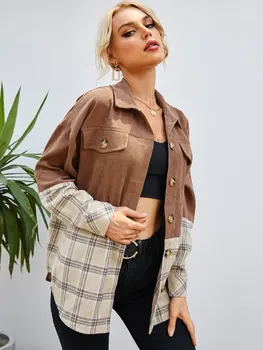 Женская рубашка на пуговицах из клетчатой вельветовой ткани с заниженными плечами, куртка ZAFUL