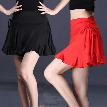 Женская новая юбка для латиноамериканских танцев, плиссированная короткая одежда для латиноамериканских танцев на шнурке, черный и красный цвета с леопардовым принтом