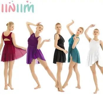Женское Шифоновое платье-трико для лирических балетных танцев без рукавов, асимметричный современный танцевальный костюм для взрослых