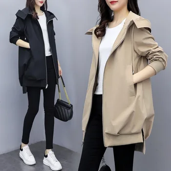 Весна и осень 2023, Новая корейская тонкая ветровка с капюшоном, женское пальто средней длины, Свободный однотонный тренч