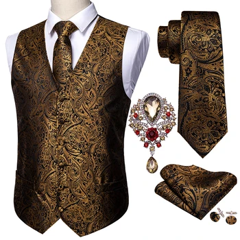 5 шт. Дизайнерский мужской свадебный костюм, жилет, черный жаккардовый шелковый жилет с рисунком Пейсли, броши для галстука, жилет, комплект Barry.Wang Groom