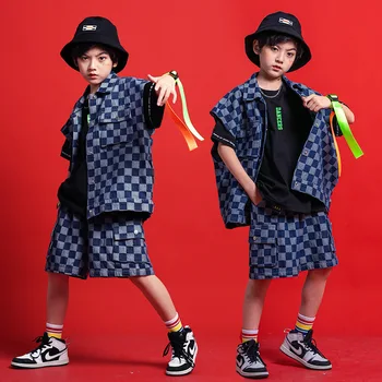 Детская одежда в стиле хип-хоп, Клетчатая джинсовая куртка с коротким рукавом, Уличная одежда, Джинсы, Шорты-карго для девочек, одежда для джазовых танцев для мальчиков