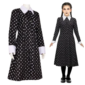 Детский костюм для Косплея на Хэллоуин, Женское платье для девочек, одежда для косплея Аддамс, Винтажная Черная одежда с готическим принтом
