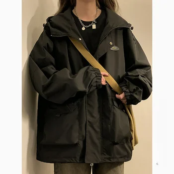 Deeptown/ Винтажные Японские женские Куртки-ветровки Harajuku, Уличная Одежда Оверсайз, Куртка-бомбер с капюшоном для Девочек в Опрятном Корейском стиле