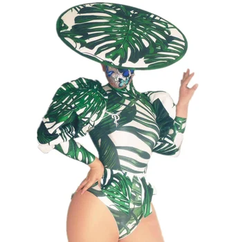 Зеленый Сексуальный топ и шорты с пышными рукавами и шляпой из трех предметов Для женщин, Модельная одежда для показа мод на сцене, костюмы для выступлений