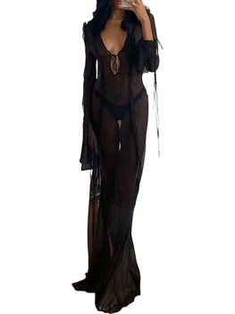 Женское прозрачное сетчатое платье макси с рюшами - элегантное прозрачное прикрытие для пляжной одежды и купальников